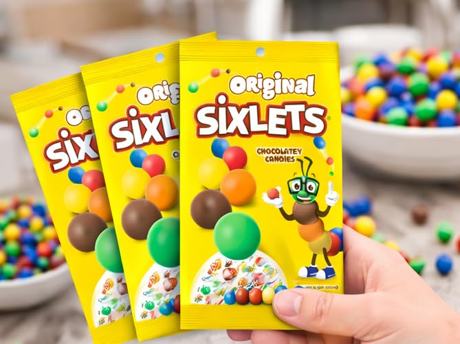 Original Sixlets chocolatey center in a crisp shell, colorful tubes for celebrations.