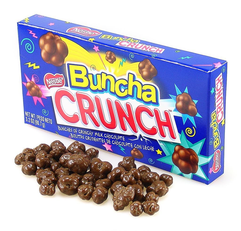Close-up of creamy milk chocolate and crisp rice in Buncha Crunch bites.