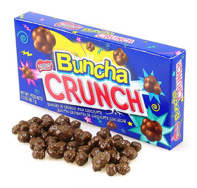 Close-up of creamy milk chocolate and crisp rice in Buncha Crunch bites.