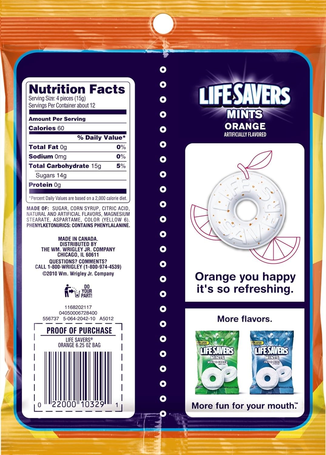 Individually wrapped LifeSavers Orange Mint pieces for portability