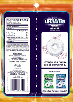 Individually wrapped LifeSavers Orange Mint pieces for portability
