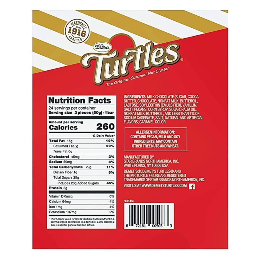 DeMet's Turtles Original Pecan Bites show roasted pecans and caramel wrapped in milk chocolate.