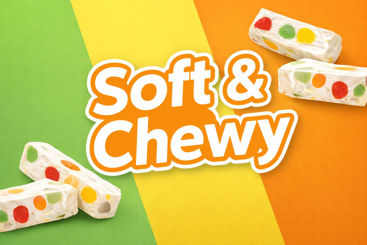 Fruity jelly beans embedded in nougat for colorful flavor bursts