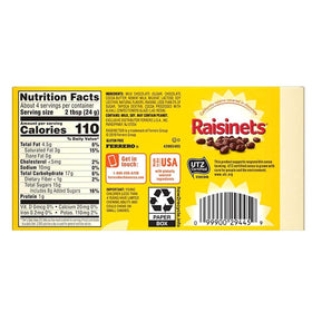 LYZA'S Milk Chocolate Covered Raisins close-up shows glossy chocolate and plump raisins.