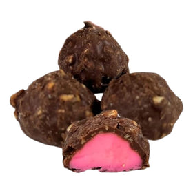 Lyza's Palmer Twin Bing Bites cherry centers close-up with peanut coating, a rich snack option.