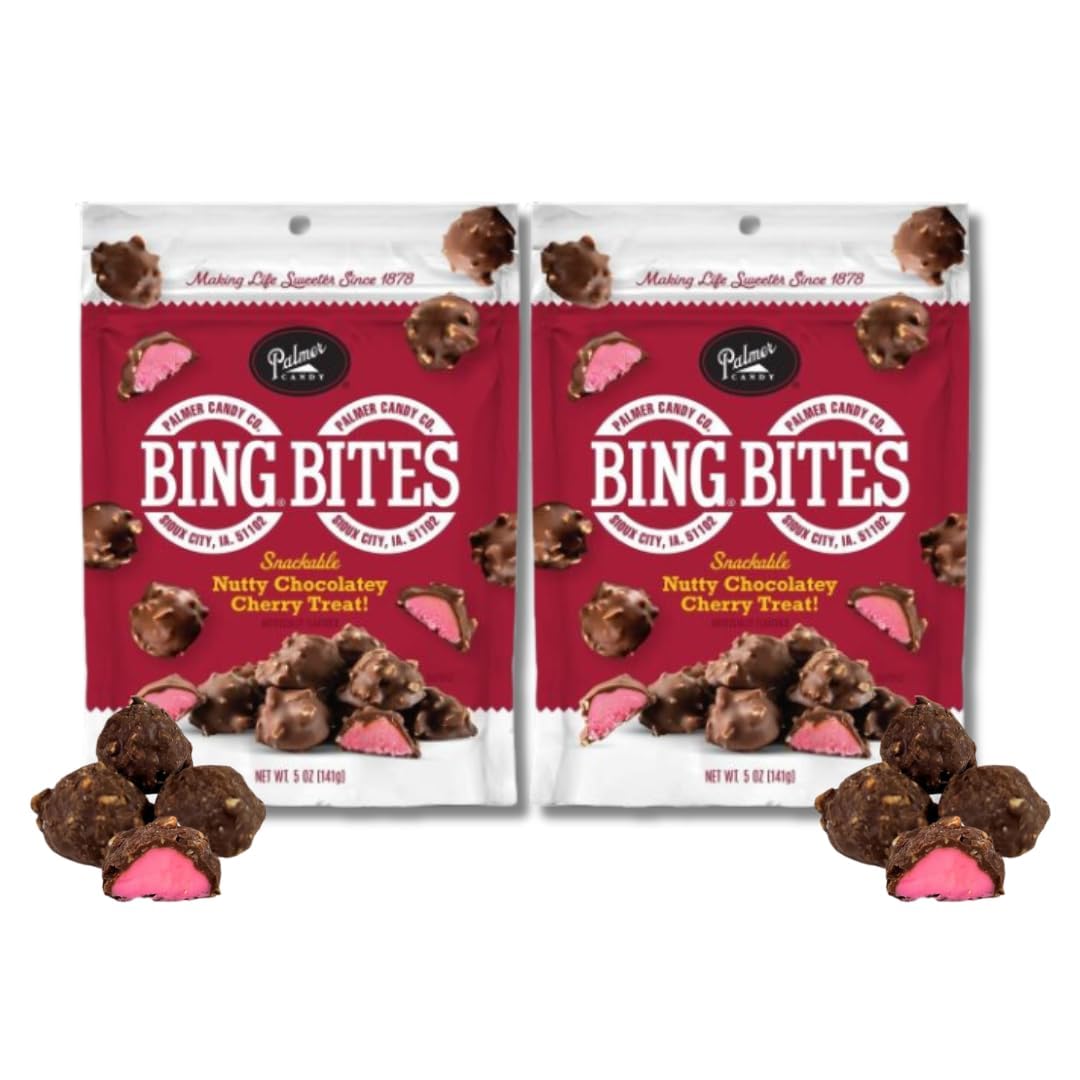 Lyza's Palmer Twin Bing Bites pack-2 in milk chocolate, cherry, peanut notes, perfect for sharing.