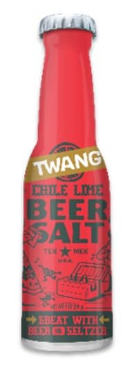Lyza's Twang dill pickle beer salts bottle on a tasting board.
