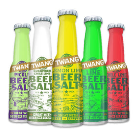 Lyza's Twang lime beer salts bottle close-up for zesty rim flavor.