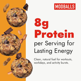 M MODBALLS close-up shows peanut butter and chocolate chips and real-food ingredients.