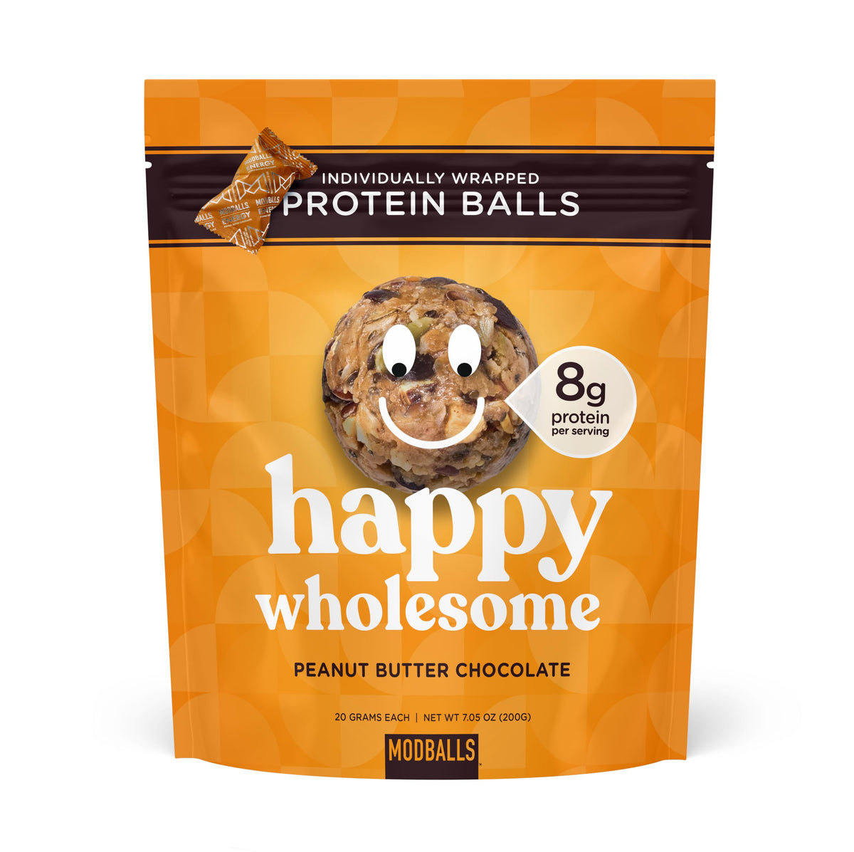 M MODBALLS bag of Happy Wholesome protein balls for on-the-go fueling.