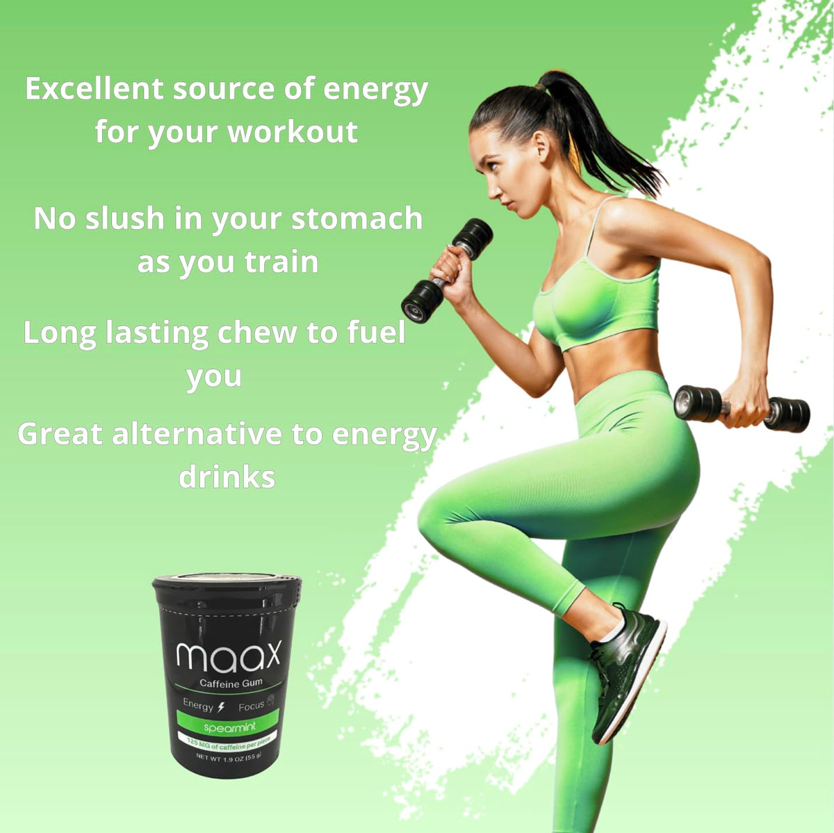 Maax Caffeinated Gum cinnamon bottle with bold flavor and alertness.