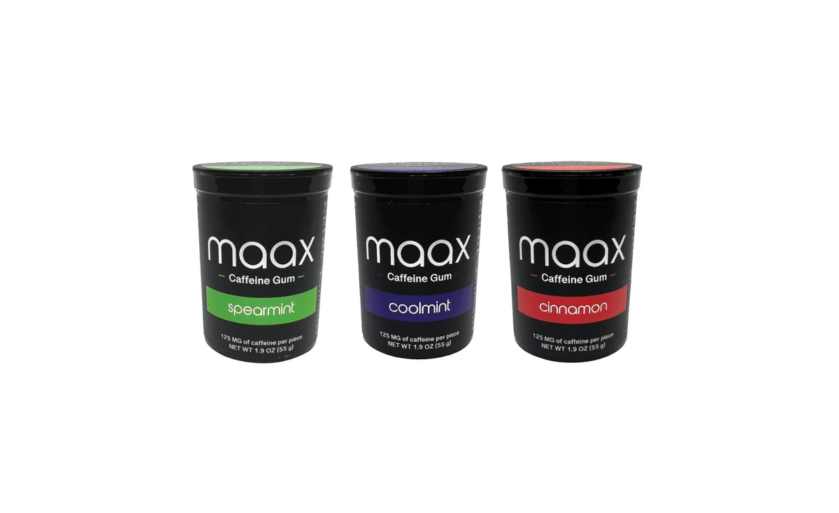 Maax Caffeinated Gum coolmint bottle showing quick energy boost for workouts.
