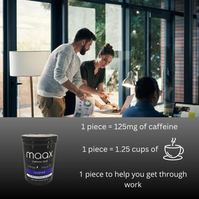 Maax Caffeinated Gum illustrating long-lasting chew for steady energy.