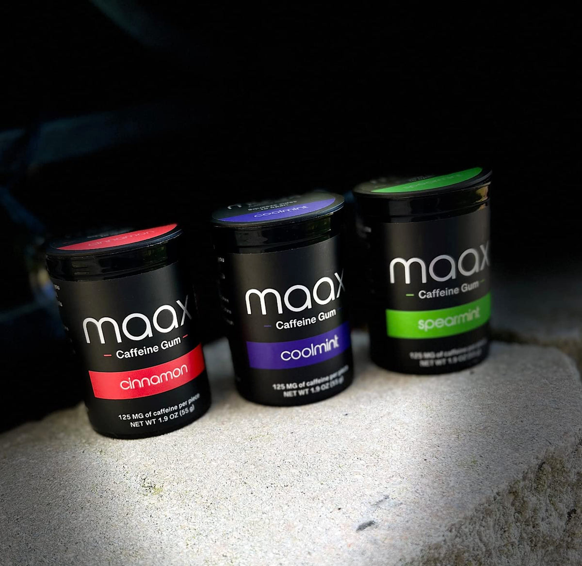 Maax Caffeinated Gum spearmint bottle promoting renewed focus for study sessions.