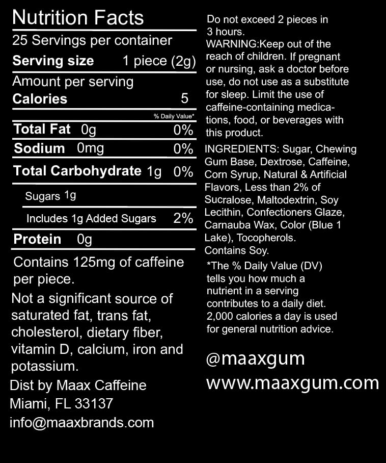 Maax Caffeinated Gum variety pack featuring three flavors.