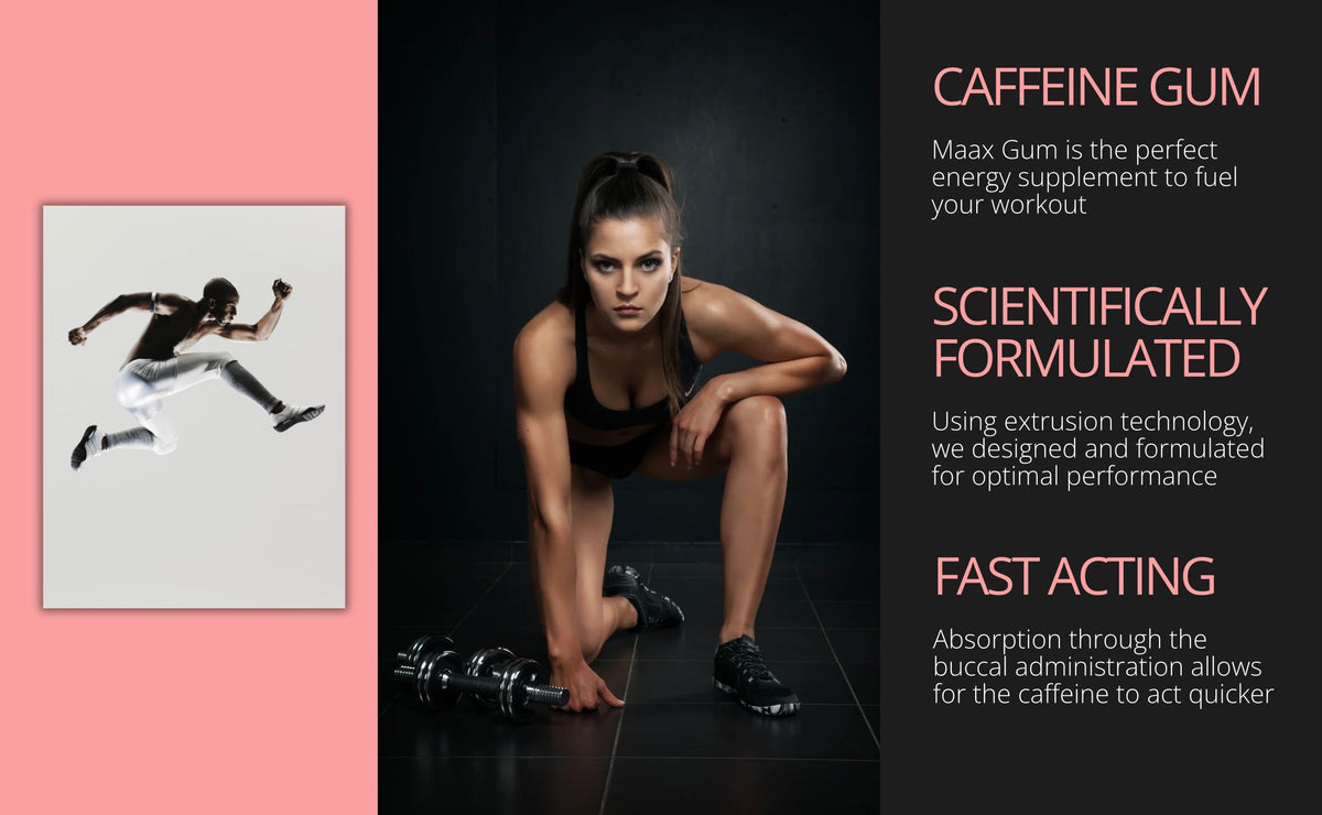 The Maax Caffeine Energy Gum cinnamon bag back highlights caffeine per piece and total count.