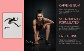 The Maax Caffeine Energy Gum cinnamon bag back highlights caffeine per piece and total count.