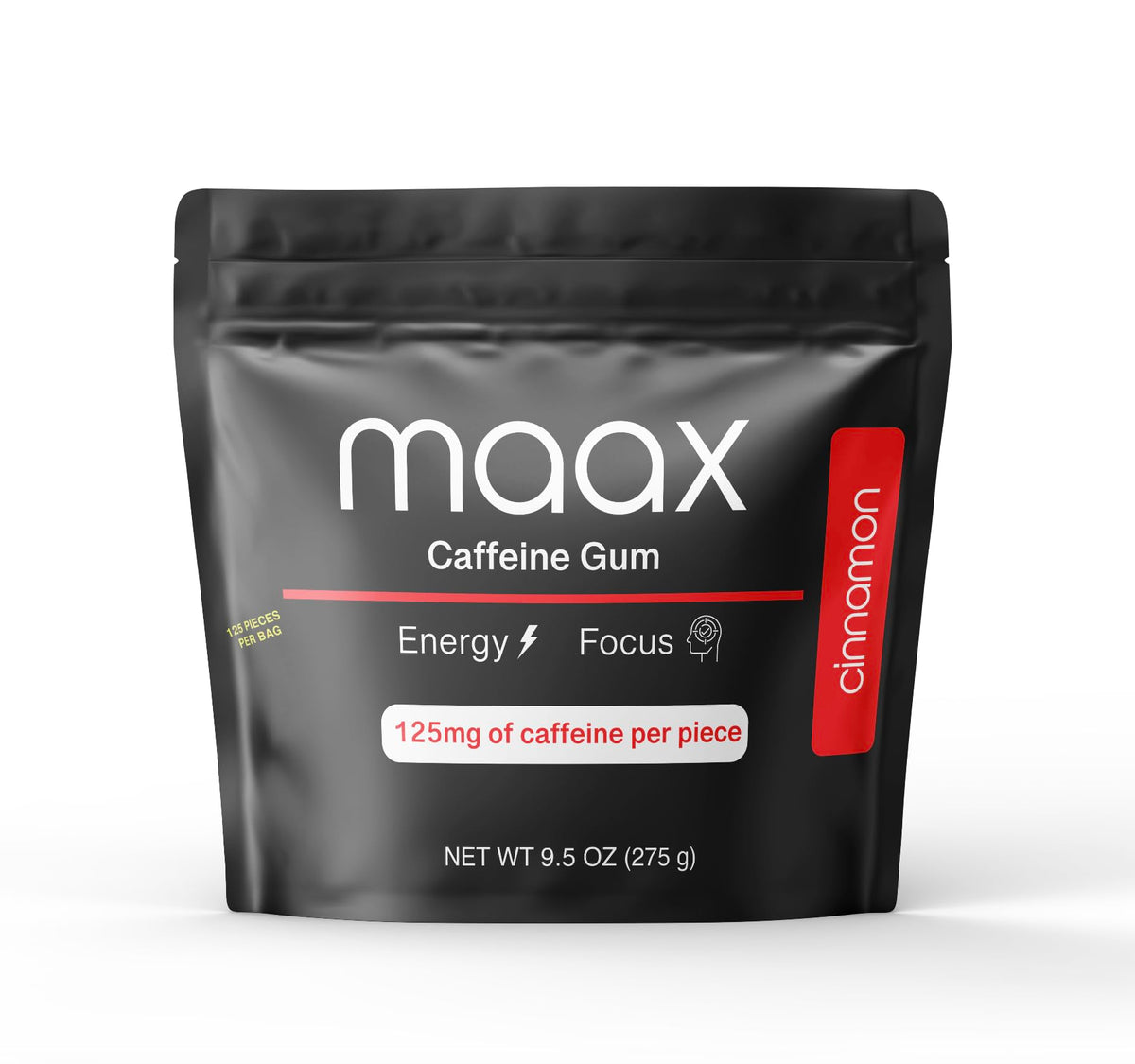 The Maax Caffeine Energy Gum cinnamon bag front shows a bold energy label.
