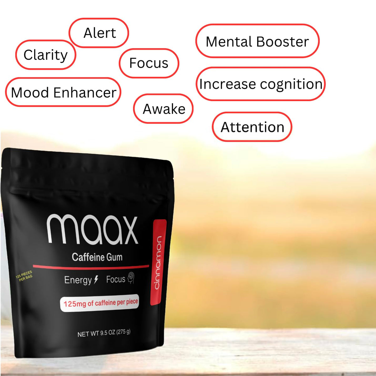 Maax Caffeine Energy Gum cinnamon on-the-go use for fast energy.
