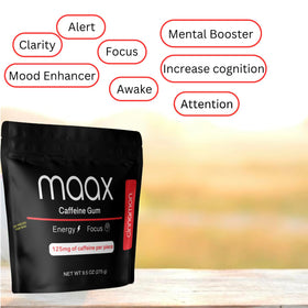 Maax Caffeine Energy Gum cinnamon on-the-go use for fast energy.