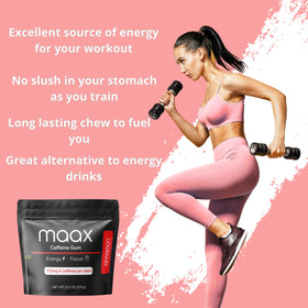 An open Maax Caffeine Energy Gum cinnamon pack displays pieces ready to chew.