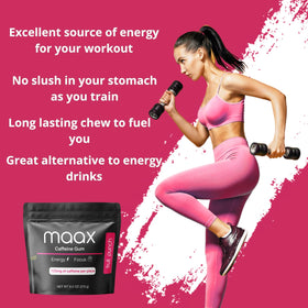 Maax Caffeine Energy Gum close-up texture emphasizing smooth, long-lasting chew for sustained focus