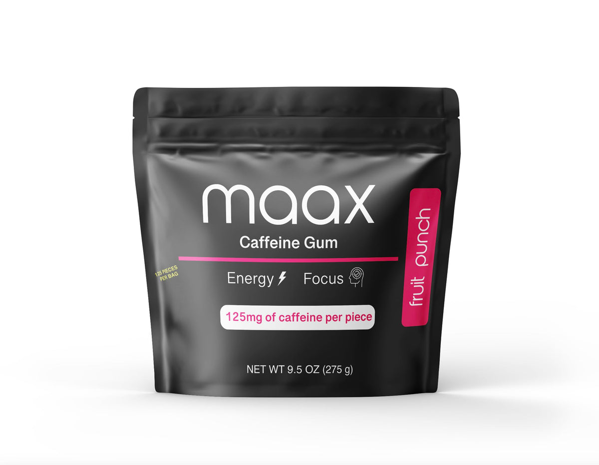 Maax Caffeine Energy Gum fruit punch pack shot showing portable energy on the go