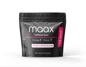 Maax Caffeine Energy Gum fruit punch pack shot showing portable energy on the go