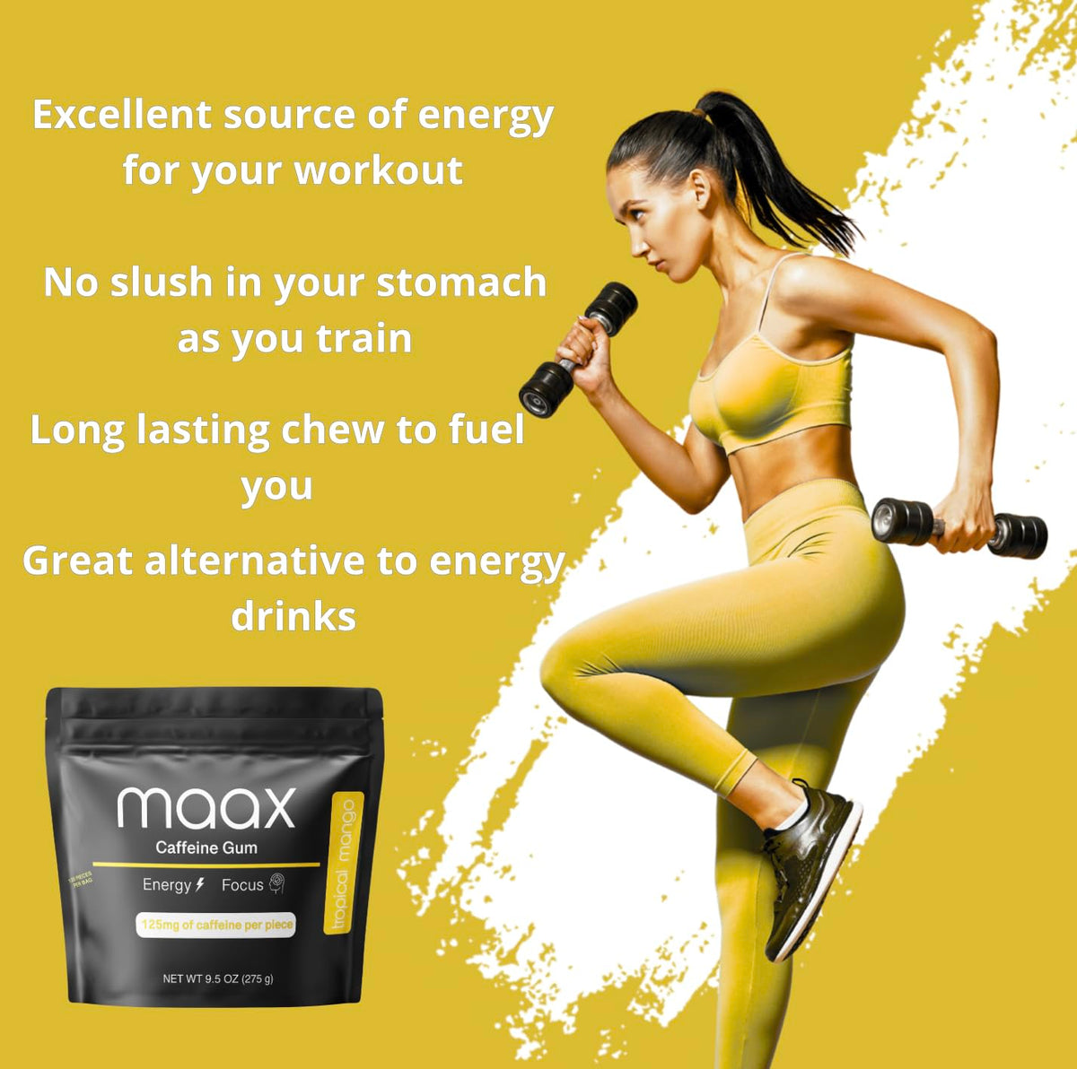Maax Caffeine Gum with 125mg caffeine per piece for quick energy.