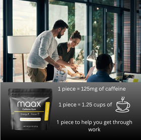 Maax Caffeine Gum chewing action delivers fast focus boost.