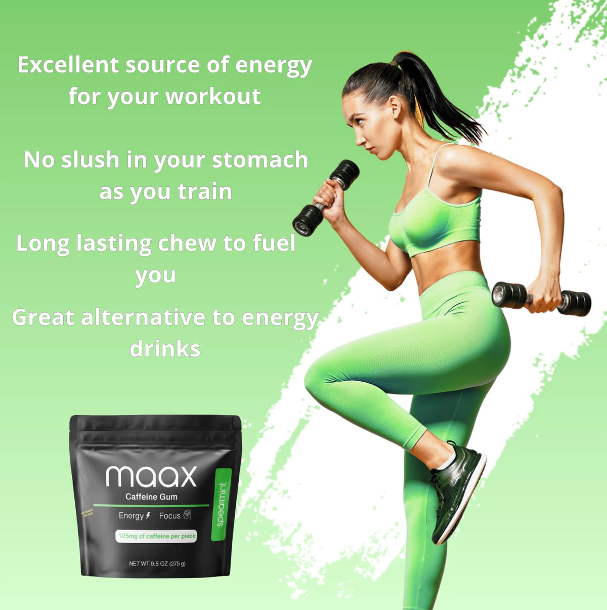 Maax Caffeine Gum gluten-free and aspartame-free label emphasizes a clean formulation