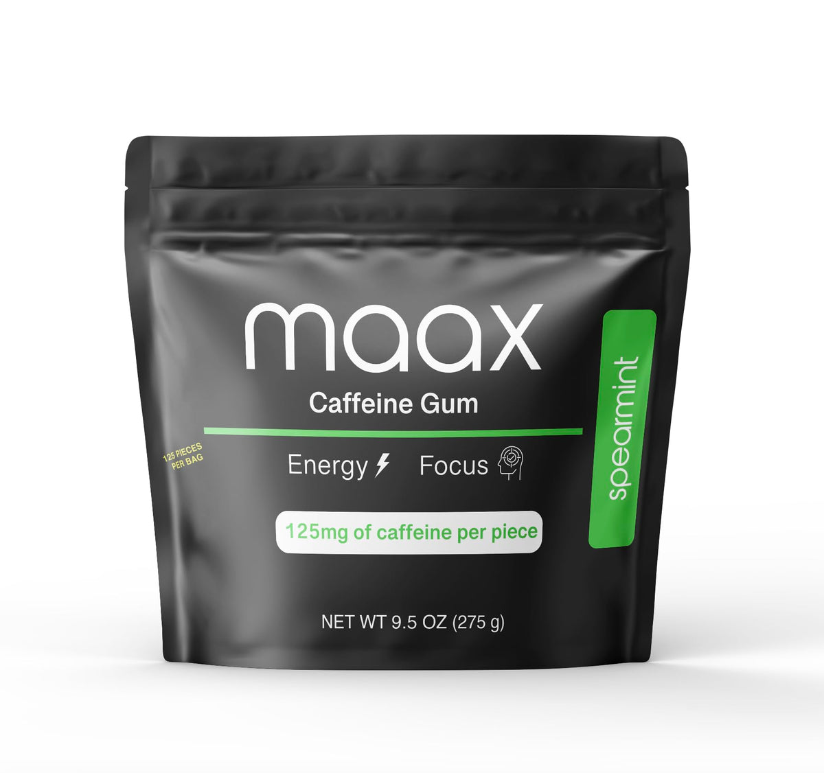 Maax Caffeine Gum spearmint pack provides a quick energy boost for on-the-go moments