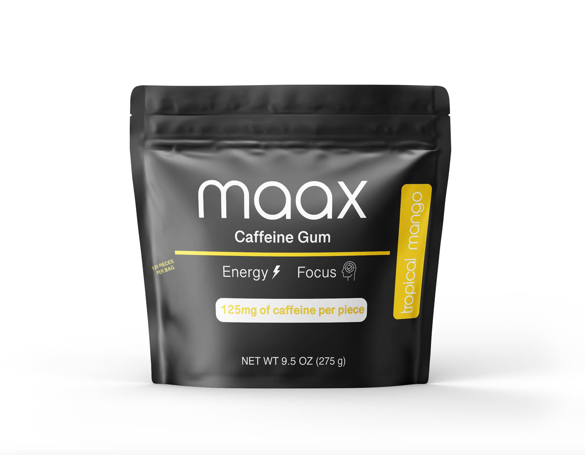 Maax Caffeine Gum tropical mango packaging for on-the-go energy.
