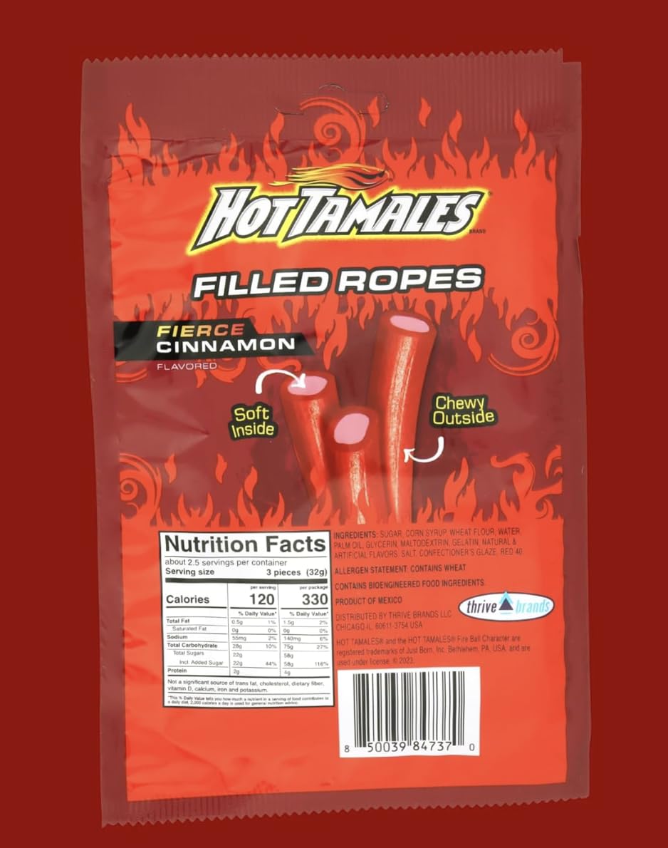 Macco Hot Tamales Candy Ropes close-up chewy strands showcase bold cinnamon bite.