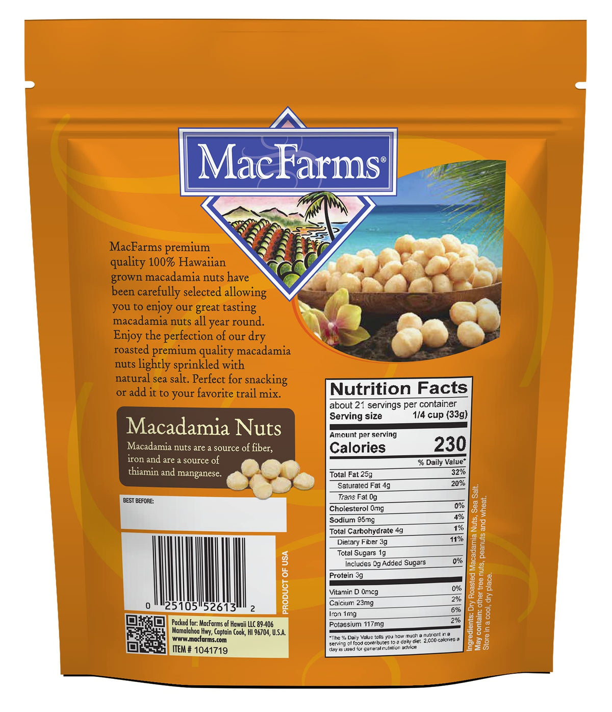 Hawaii-grown MacFarms macadamias beside tropical scenery for snacking.