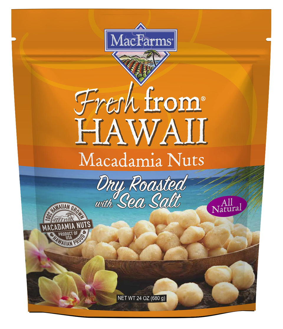 MacFarms macadamia nuts dry roasted with sea salt in a bowl; premium Hawaii snack.