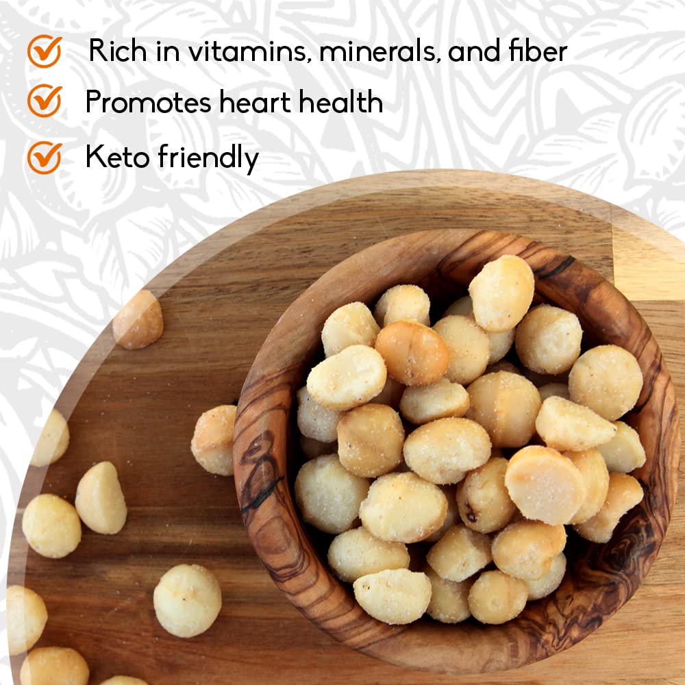 Close-up of MacFarms macadamia nuts showing salted surface and buttery texture.
