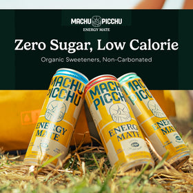 MACHU PICCHU Energy 12oz cans close-up highlighting zero sugar and organic caffeine