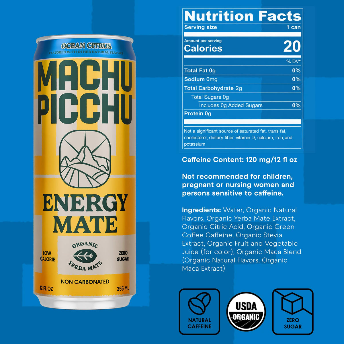 MACHU PICCHU Energy Mate ingredients organic close-up emphasizes plant-based energy options.