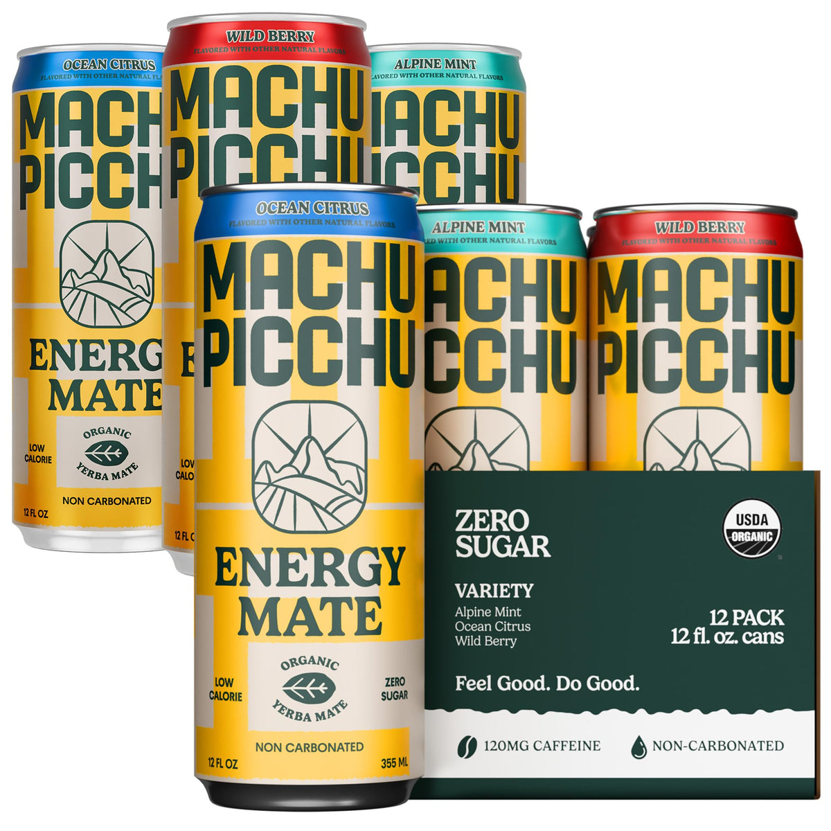 MACHU PICCHU Energy 12-pack display showing variety flavors for convenient daily energy