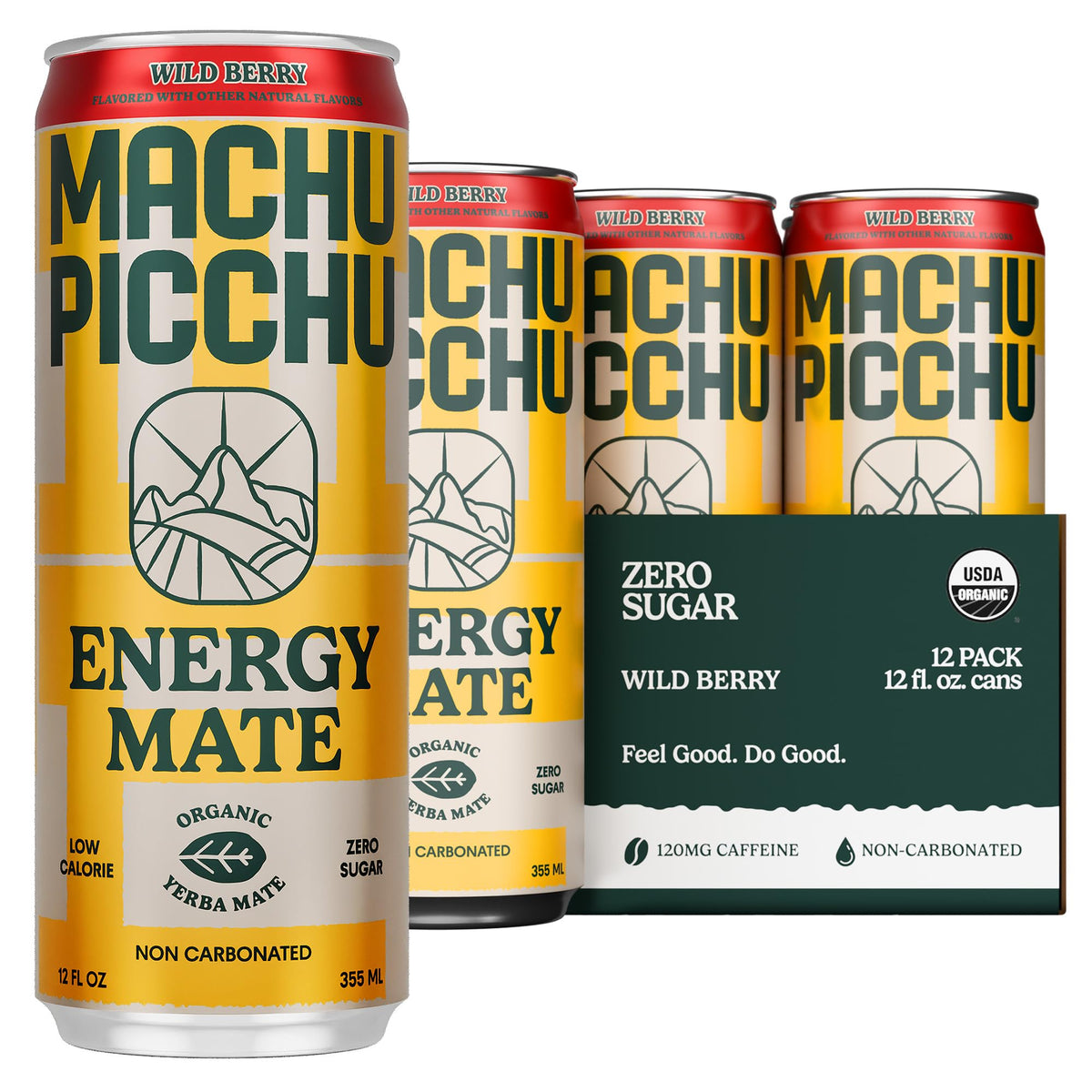 Machu Picchu Wild Berry Energy Mate can front view showing zero sugar and sustained energy