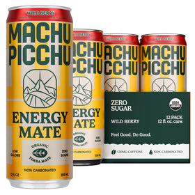 Machu Picchu Wild Berry Energy Mate can front view showing zero sugar and sustained energy