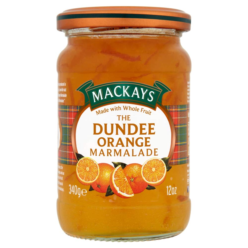 Mackays Dundee Orange Marmalade jar closeup showing chunky zest and vibrant color.