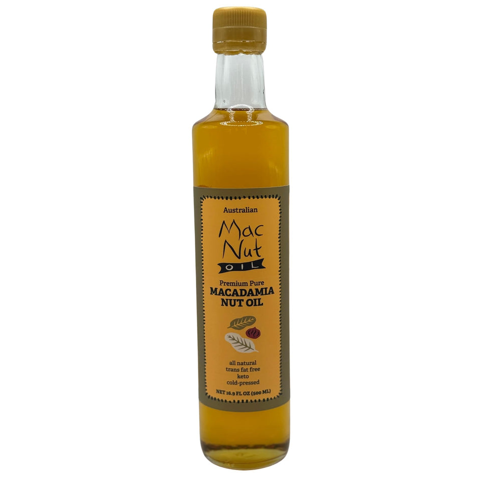 Mac Nut Oil glass bottle close-up showing premium packaging and clarity