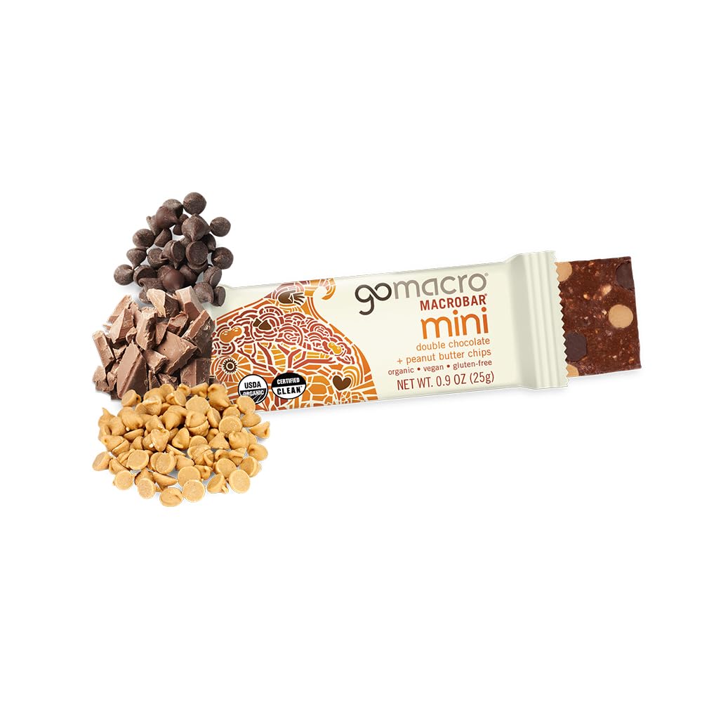 Close-up of GoMacro MacroBar Mini ingredients—peanuts, vegan chocolate, and peanut butter chips for a protein-packed snack.