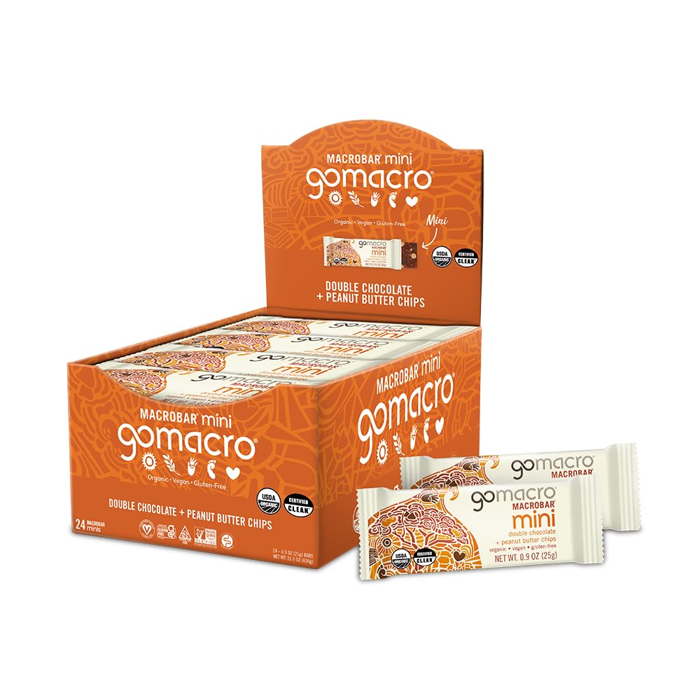 GoMacro MacroBar Mini Double Chocolate packaging highlights organic vegan ingredients for on-the-go energy.