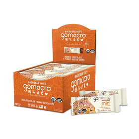 GoMacro MacroBar Mini Double Chocolate packaging highlights organic vegan ingredients for on-the-go energy.