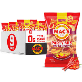 Mac's Hot and Spicy Pork Skins front packaging highlighting bold party flavor