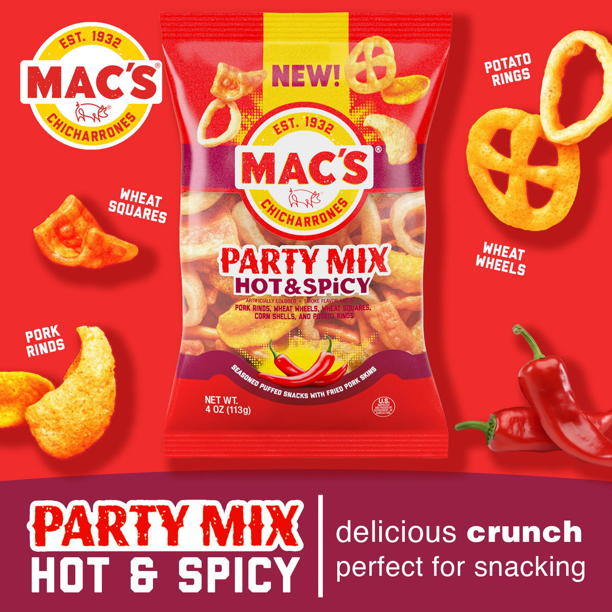 Mac's Pork Rinds Party Mix variety shapes showcased for social snacking