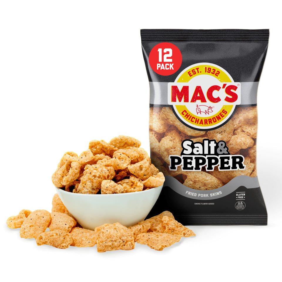 Mac's Salt & Pepper Pork Rinds 12-pack bags – crunchy snack appeal.